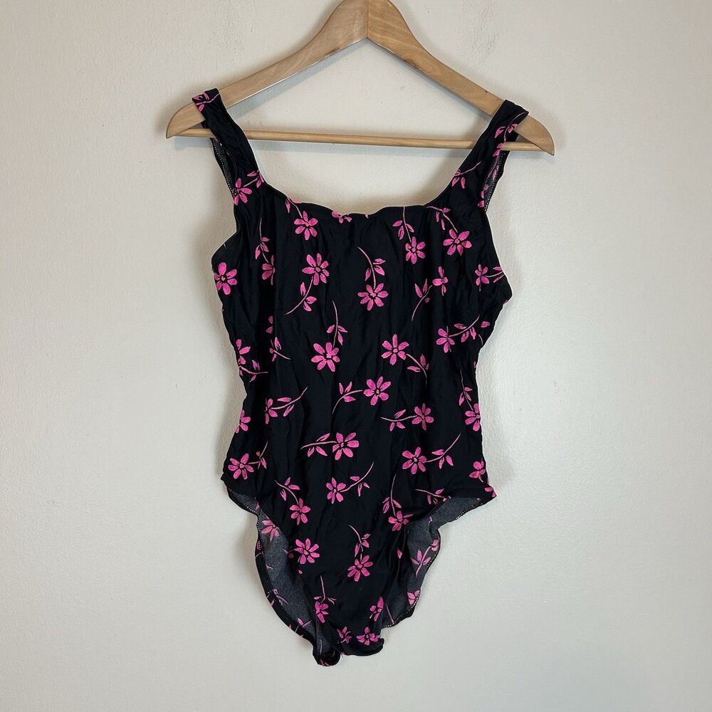 Vintage L Floral Swimsuit One Piece Black Pink Coverage Modest Hawaii Resort